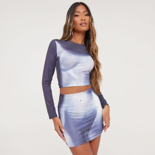 Long Sleeve Body Print Crop Top And Mini Bodycon Skirt Co-Ord Set In Blue Multi Slinky, Women’s Size UK Small S