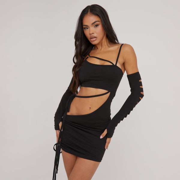 Strappy Cut Out Detail Mini Bodycon Dress With Distressed Sleeves In Black, Women’s Size UK 10