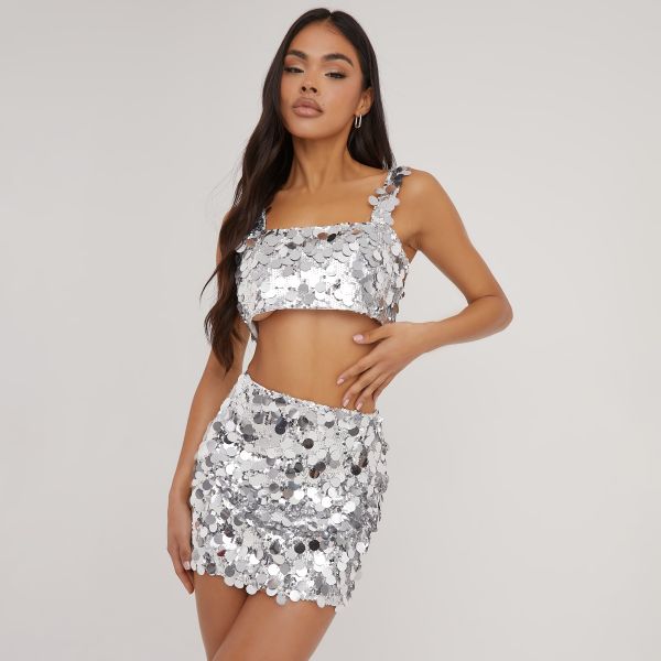 Square Neck Crop Top And Mini Skirt Co-Ord Set In Silver Sequin, Women’s Size UK Medium M