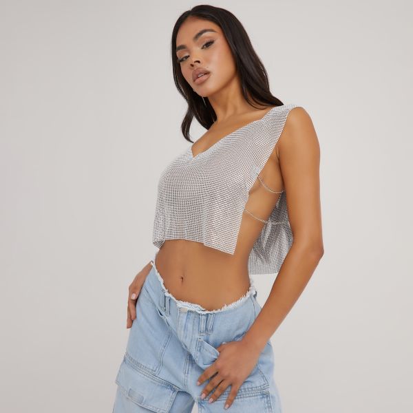 Plunge Chain Strap Detail Crop Top In Silver Chainmail, Women’s Size UK Small S