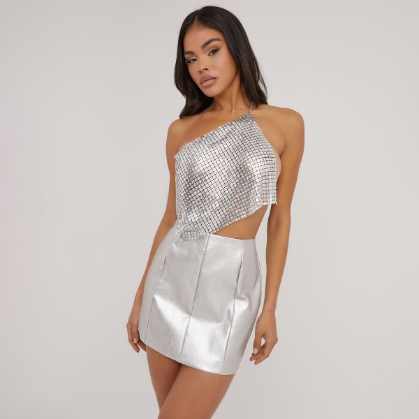 One Shoulder Pointed Hem Detail Open Back Top In Silver Chainmail, Women’s Size UK Small S