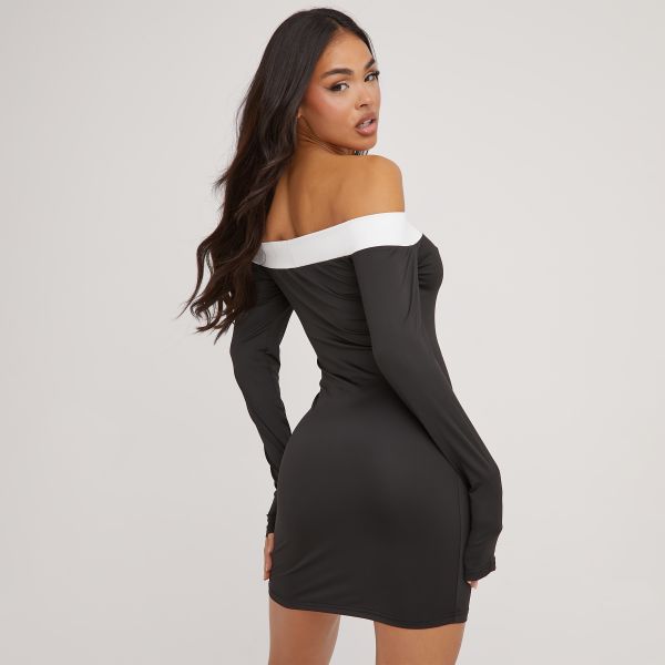 Contrast Bardot Detail Mini Dress In Black, Women’s Size UK Large L