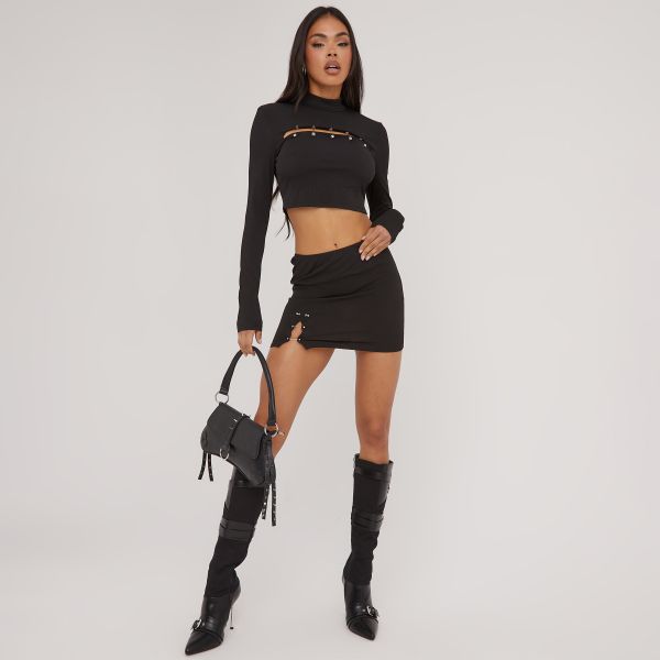 Bar Detail Split Leg Mini Skirt In Black Rib, Women’s Size UK 8