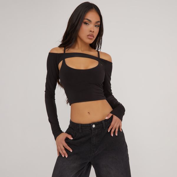 Strappy Crop Top And Bolero Sleeves In Black Slinky, Women’s Size UK 6