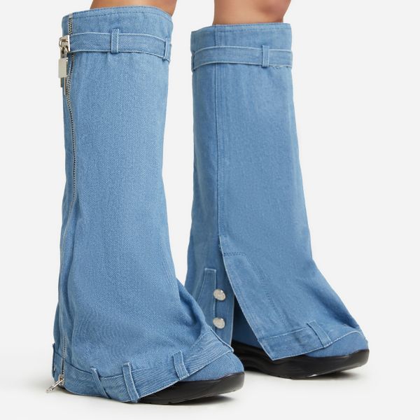 Favourite-Pair Padlock Zip Detail Knee High Long Boot In Blue Denim, Women’s Size UK 5