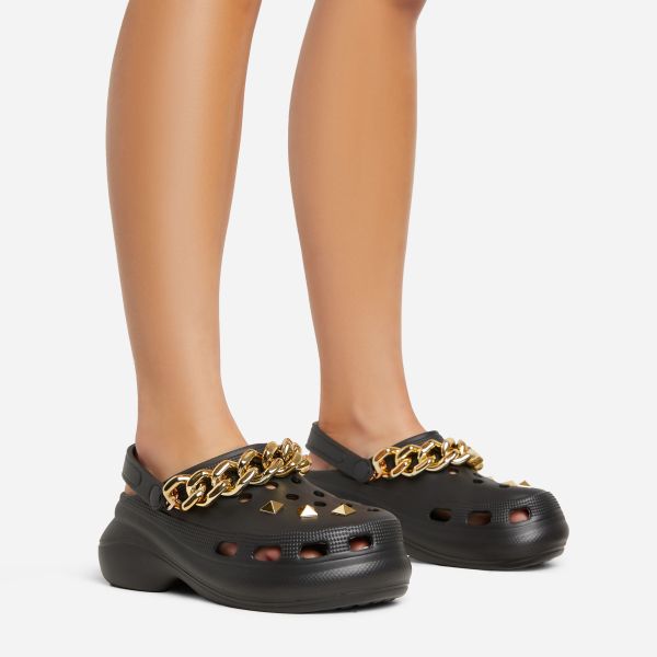 Krisp Chain Detail Closed Toe Sling Back Clog Sandal In Black Rubber, Women’s Size UK 3