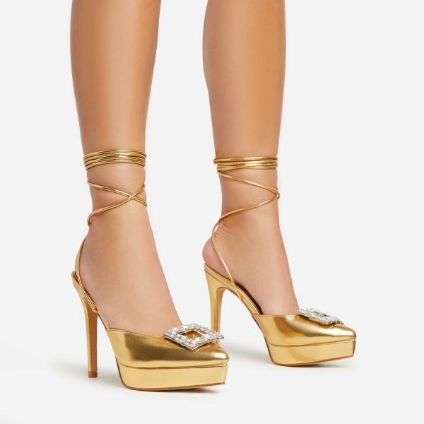 Gina Lace Up Gem Buckle Detail Pointed Toe Platform Stiletto Heel In Gold Faux Leather, Women’s Size UK 6