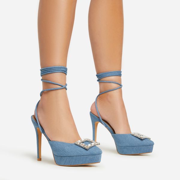Gina Lace Up Gem Buckle Detail Pointed Toe Platform Stiletto Heel In Blue Denim, Women’s Size UK 4
