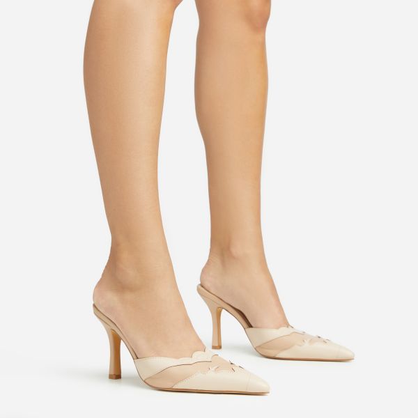 Wonderful-West Contrast Detail Pointed Toe Court Heel Mule In Nude Faux Leather, Women’s Size UK 4