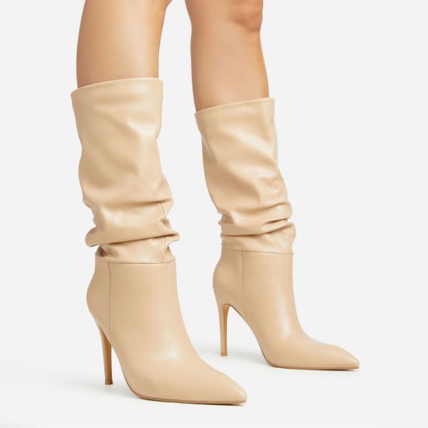Biscuit Ruched Detail Pointed Toe Stiletto Heel Mid Calf Boot In Nude Faux Leather, Women’s Size UK 5