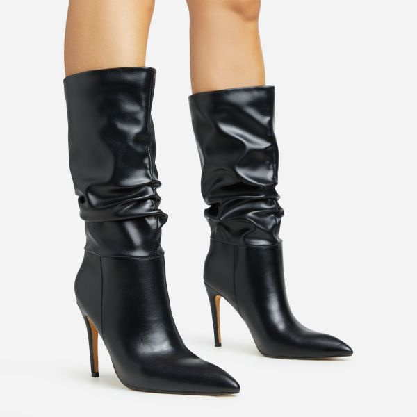 Biscuit Ruched Detail Pointed Toe Stiletto Heel Mid Calf Boot In Black Faux Leather, Women’s Size UK 6
