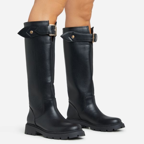 Ethyl Buckle Detail Mid Calf Wellington Style Boot In Black Faux Leather, Women’s Size UK 7