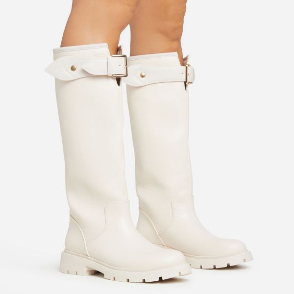 Ethyl Buckle Detail Mid Calf Wellington Style Boot In Cream Faux Leather, Women’s Size UK 5