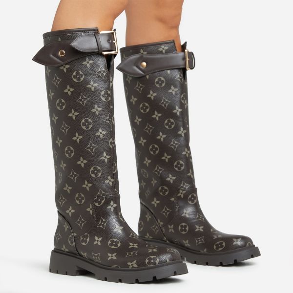 Ethyl Printed Logo Buckle Detail Mid Calf Wellington Style Boot In Brown Faux Leather, Women’s Size UK 6