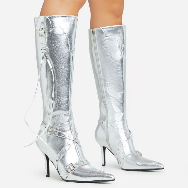Gunner Eyelet Buckle Detail Pointed Toe Stiletto Heel Knee High Long Boot In Silver Faux Leather, Women’s Size UK 8