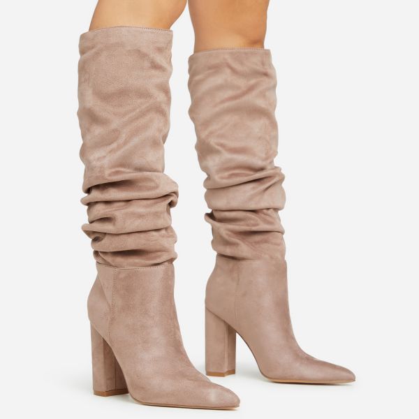 Tarra Slouched Detail Pointed Toe Block Heel Knee High Long Boot In Taupe Faux Suede, Women’s Size UK 7