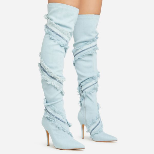 Vicki Frayed Zip Detail Pointed Toe Stiletto Heel Over The Knee Thigh High Boot In Blue Denim, Women’s Size UK 5