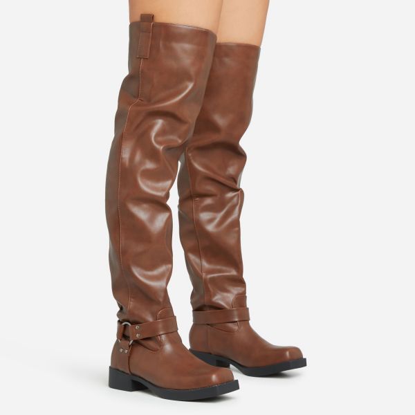 Free-Rider Ring Detail Square Toe Over The Knee Thigh High Boot In Brown Faux Leather, Women’s Size UK 6