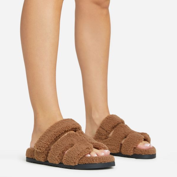 Bratitude Gladiator Velcro Strap Flat Slider Sandal In Brown Faux Shearling, Women’s Size UK 4