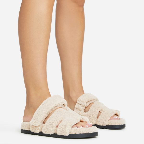 Bratitude Gladiator Velcro Strap Flat Slider Sandal In Cream Faux Shearling, Women’s Size UK 3