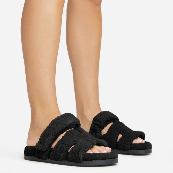 Bratitude Gladiator Velcro Strap Flat Slider Sandal In Black Faux Shearling, Women’s Size UK 8