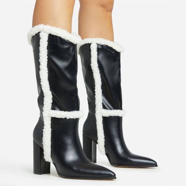 Little-Lion Faux Fur Detail Pointed Toe Block Heel Mid Calf Boot In Black Faux Leather, Women’s Size UK 4