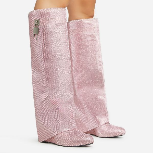 I-Am-The-One Padlock Detail Wedge Heel Knee High Long Boot In Pink Diamante, Women’s Size UK 4