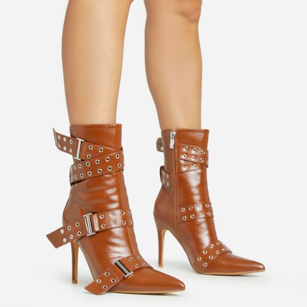 Edward Eyelet Buckle Strap Detail Pointed Toe Stiletto Heel Ankle Boot In Tan Brown Faux Leather, Women’s Size UK 7