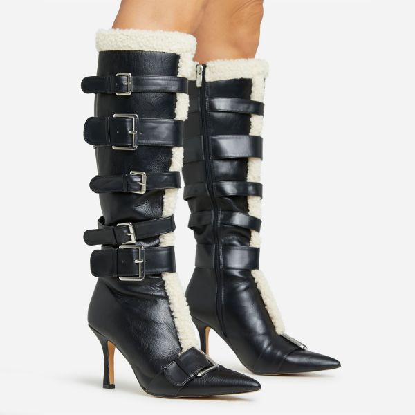 Ingrid Faux Shearling Side Buckle Detail Pointed Toe Stiletto Heel Knee High Long Boot In Black Faux Leather, Women’s Size UK 3