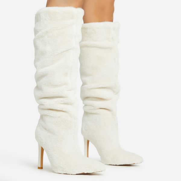 Embrace Pointed Toe Stiletto Heel Slouched Mid Calf Boot In Cream Faux Fur, Women’s Size UK 6