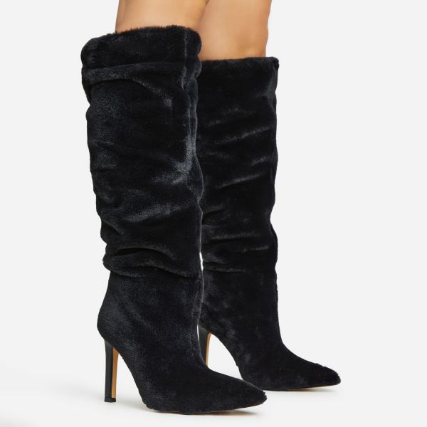 Embrace Pointed Toe Stiletto Heel Slouched Mid Calf Boot In Black Faux Fur, Women’s Size UK 4
