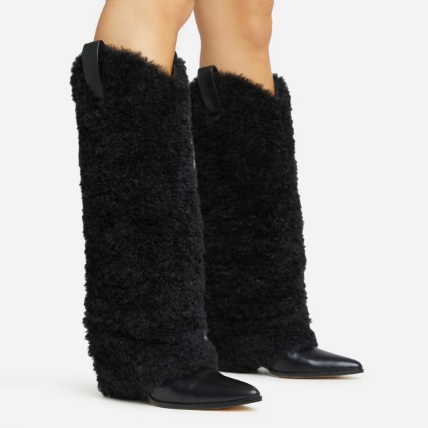 Eskimo-Kisses Faux Fur Detail Pointed Toe Knee High Long Western Cowboy Boot In Black Faux Leather, Women’s Size UK 6