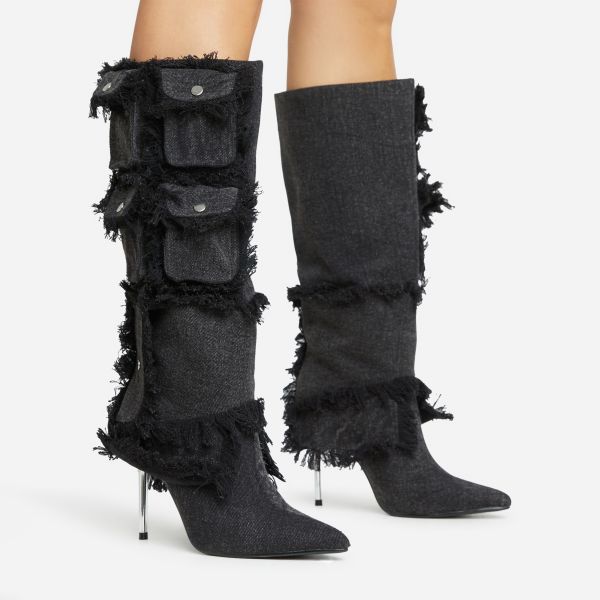 Carry-On Frayed Multi Pocket Detail Pointed Toe Metallic Heel Knee High Long Boot In Black Denim, Women’s Size UK 5