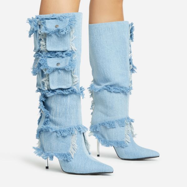 Carry-On Frayed Multi Pocket Detail Pointed Toe Metallic Heel Knee High Long Boot In Blue Denim, Women’s Size UK 6