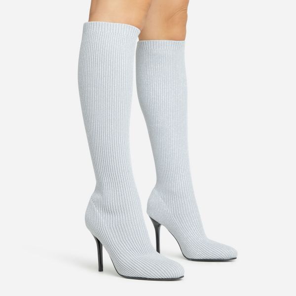 Isabelle Stiletto Heel Knee High Long Sock Boot In Silver Metallic Knit, Women’s Size UK 4