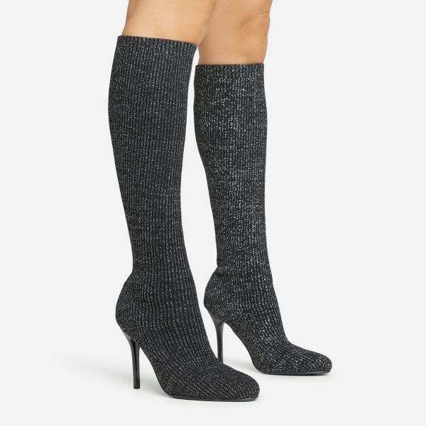 Isabelle Stiletto Heel Knee High Long Sock Boot In Black Metallic Knit, Women’s Size UK 6