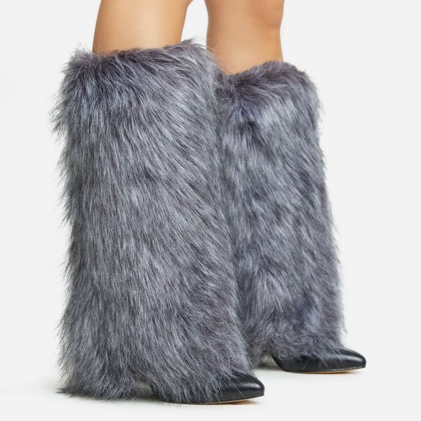 Jillian Pointed Toe Stiletto Heel Mid Calf Boot In Grey Shaggy Faux Fur, Women’s Size UK 5