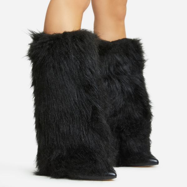 Jillian Pointed Toe Stiletto Heel Mid Calf Boot In Black Shaggy Faux Fur, Women’s Size UK 5