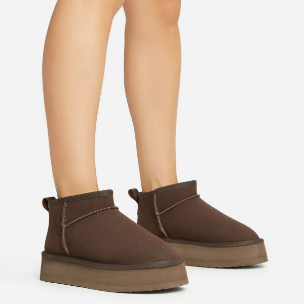 Pumpkin Platform Sole Faux Fur Lining Ultra Mini Ankle Boot In Brown Faux Suede, Women’s Size UK 9