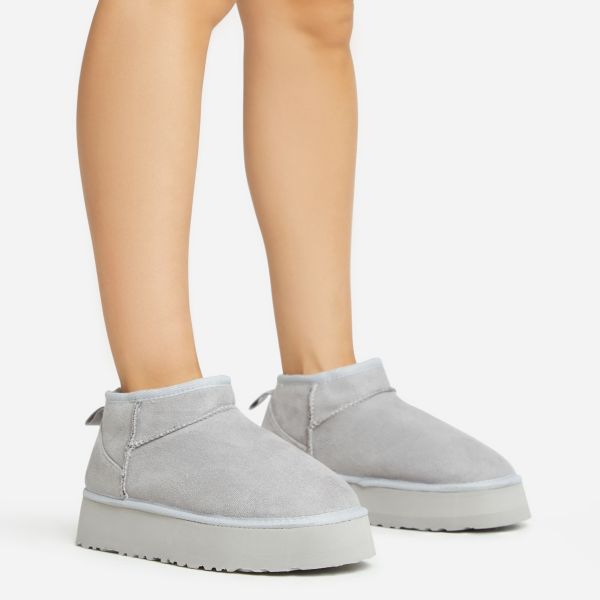 Pumpkin Platform Sole Faux Fur Lining Ultra Mini Ankle Boot In Grey Faux Suede, Women’s Size UK 6