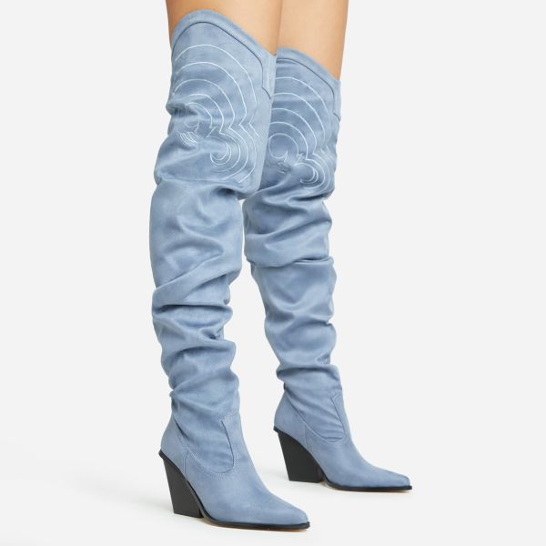 Cassidy Embroidered Detail Pointed Toe Block Heel Over The Knee Thigh High Slouch Western Boot In Blue Faux Suede, Women’s Size UK 4