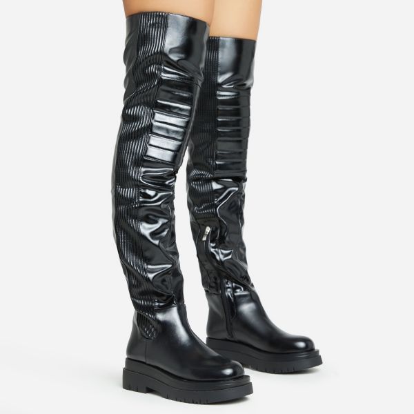 Rell Multi Stripe Detail Chunky Sole Over The Knee Thigh High Boot In Black Faux Leather, Women’s Size UK 6