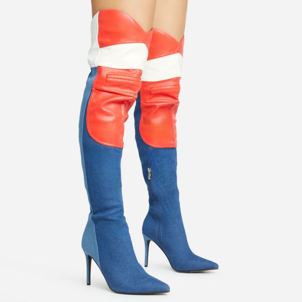 Extreme Motocross Detail Pointed Toe Stiletto Heel Over The Knee Thigh High Boot In Blue Denim, Women’s Size UK 6