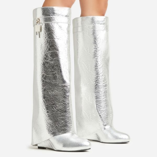 I-Am-The-One Padlock Detail Wedge Heel Knee High Long Boot In Silver Crinkle Effect Faux Leather, Women’s Size UK 4