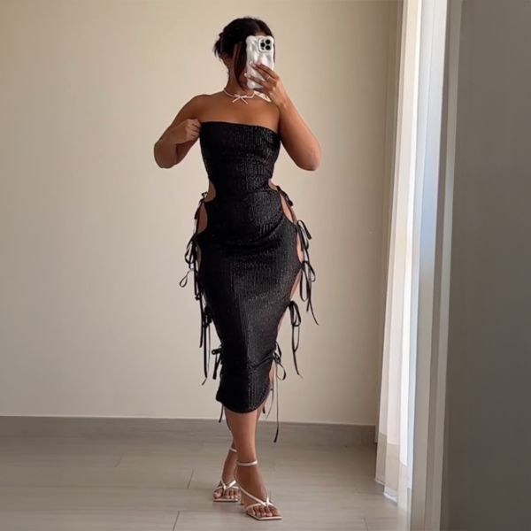 Bandeau Lace Up Side Detail Maxi Dress In Black Sequin, Women’s Size UK 8