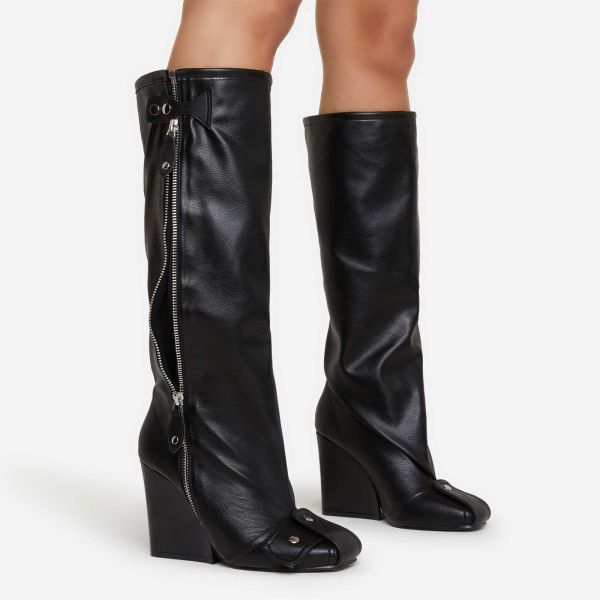 Senna Buckle Detail Square Toe Wedge Heel Knee High Long Boot In Black Faux Leather, Women’s Size UK 3