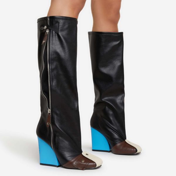 Senna Buckle Detail Square Toe Blue Wedge Heel Knee High Long Boot In Black Faux Leather, Women’s Size UK 6