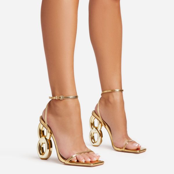 Farah Ankle Strap Square Toe Gold Chain Heel In Gold Faux Leather
