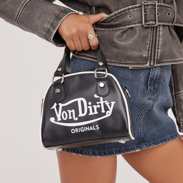 Hypnotic 'Von Dirty' Slogan Contrast Detail Shaped Grab Bag In Black Faux Leather