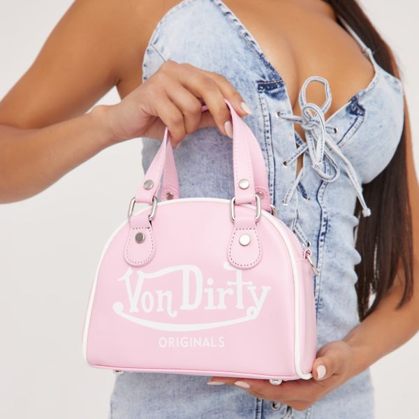 Hypnotic 'Von Dirty' Slogan Contrast Detail Shaped Grab Bag In Pink Faux Leather